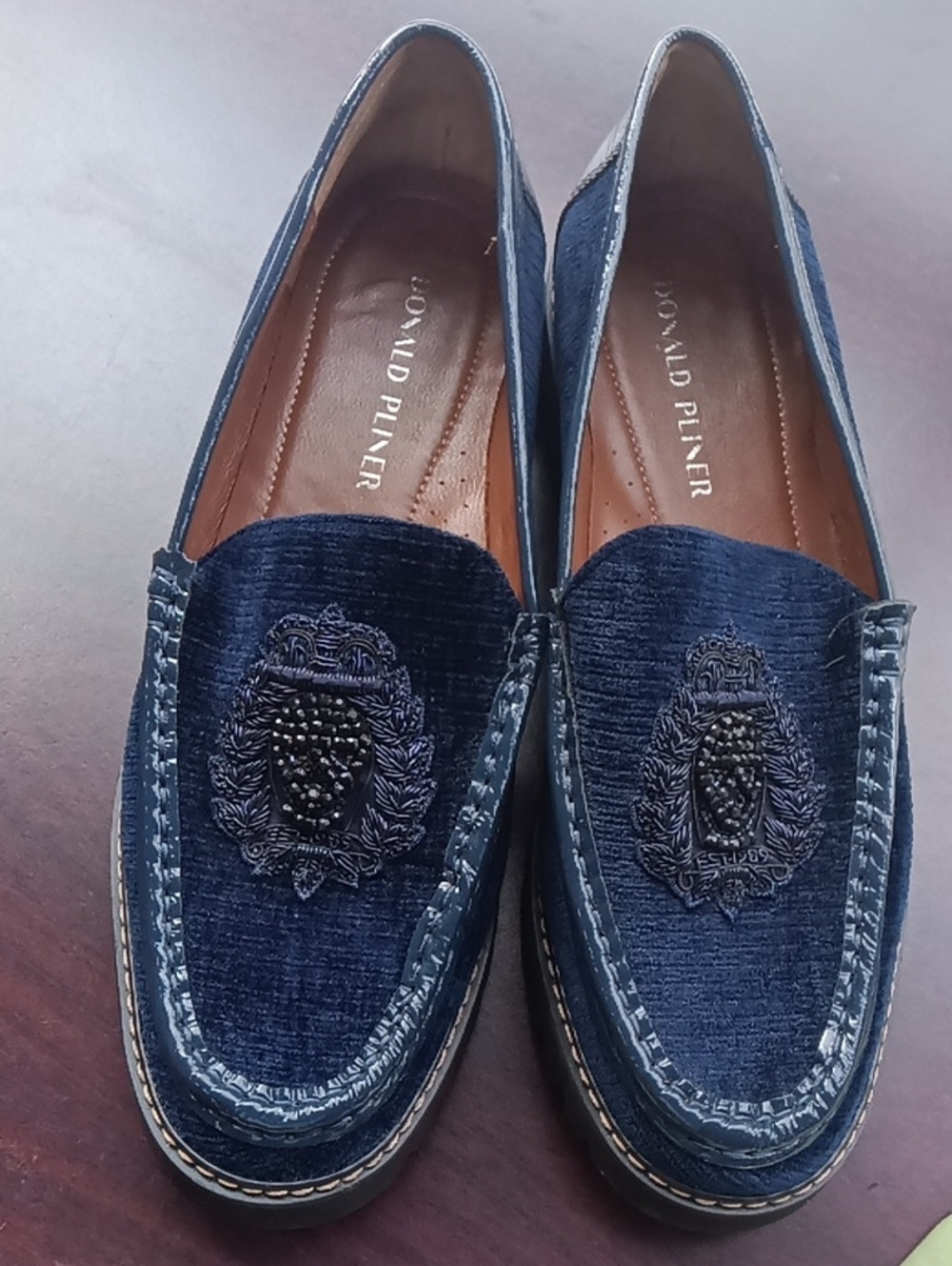 Donald J. Pliner Men’s Navy Velvet Embroidered Crest Loafers